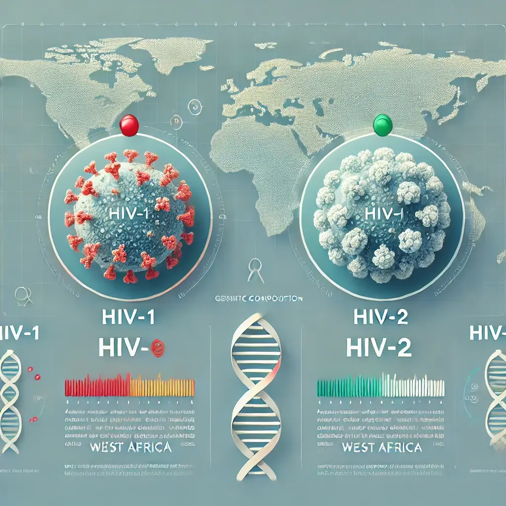 Ilustração sobre os Tipos de HIV: Uma imagem informativa mostrando a diferença entre HIV-1 e HIV-2. Visualize os dois vírus em destaque, com elementos que remetem à genética (como símbolos de DNA) e um mapa-múndi em segundo plano, destacando a África Ocidental para indicar a prevalência do HIV-