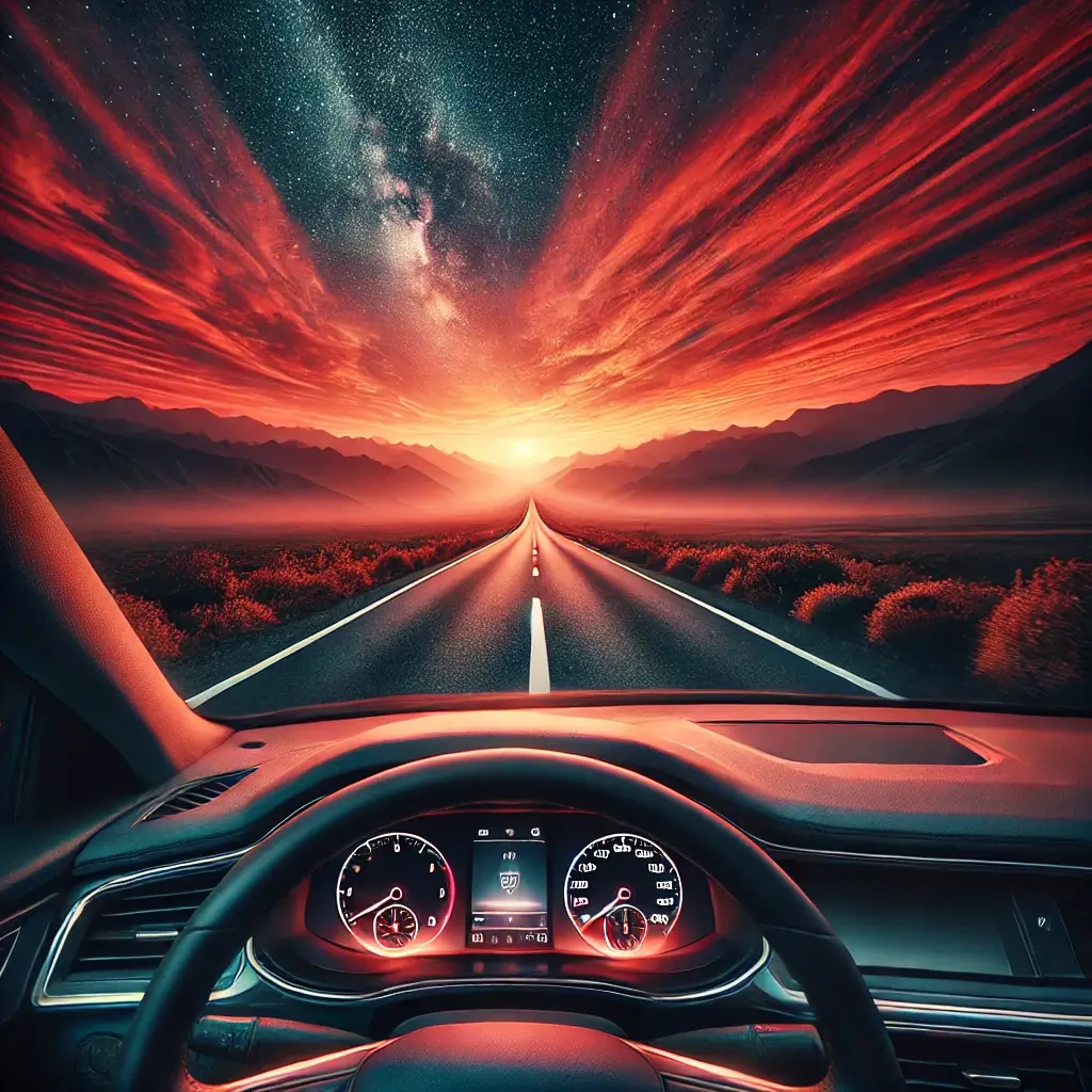 Uma cena deslumbrante de uma estrada reta que se estende até o horizonte, levando a um deslumbrante pôr do sol vermelho e laranja. A visão é da perspectiva viver bem com o hiv Viver bem com o HIV! Dez Segredos Simples De Aprender lazy placeholder