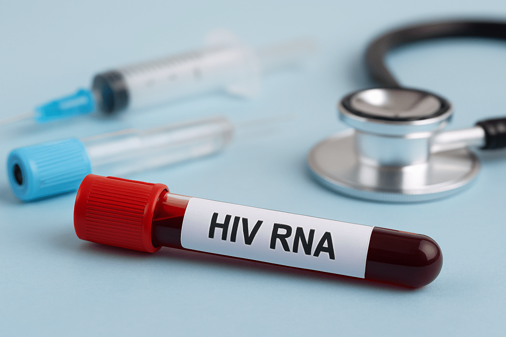 um tubo de ensaio com a etiqueta HIV RNA um estetoscópio um segundo tubo de coleta de sangue vazio e uma seringa descartável, tudo sobre fundo azul rna do hiv Teste de RNA do HIV: O que é, quando fazer e por que ele importa lazy placeholder