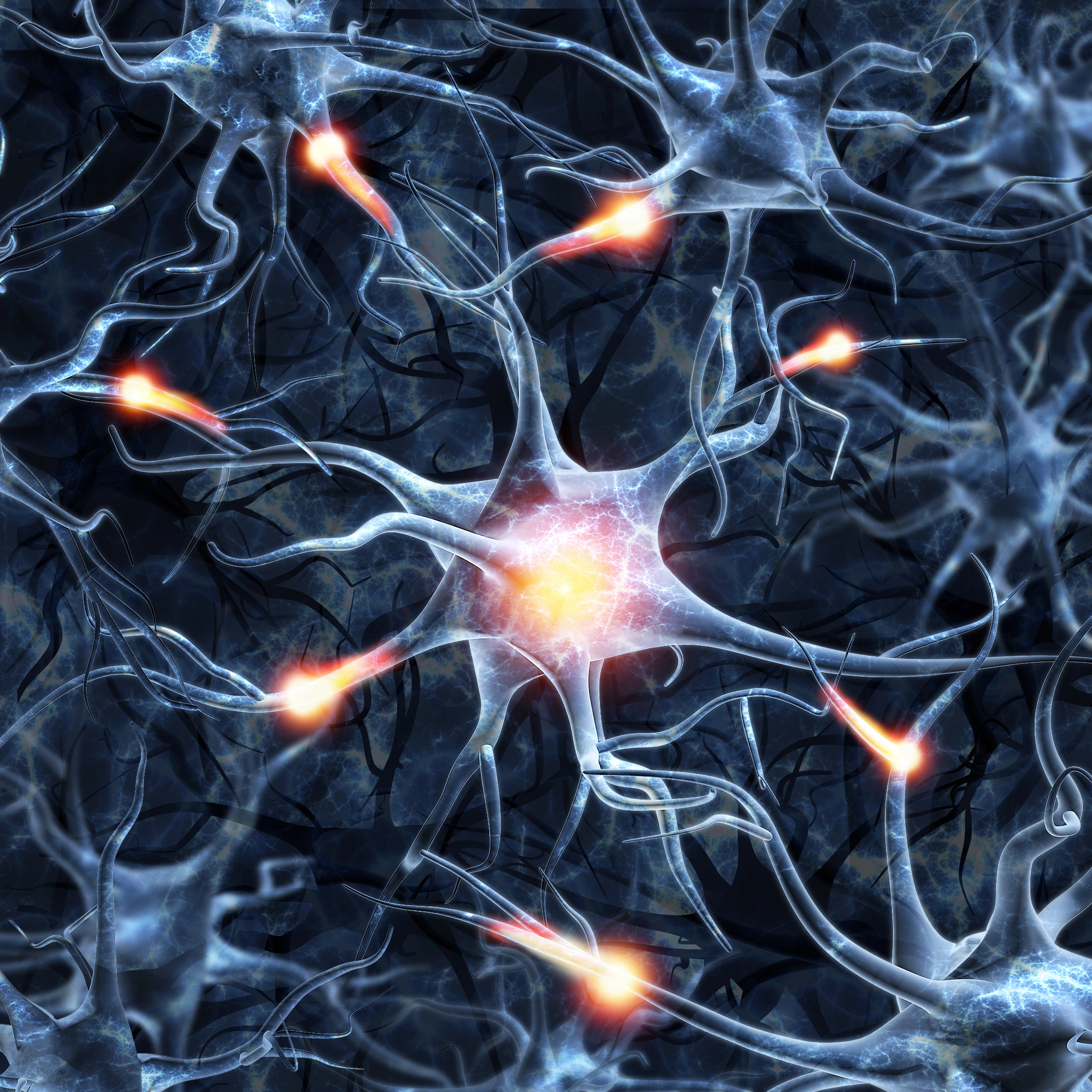 Ilustração tridimensional de neurônios interligados por sinapses, representando o sistema nervoso e a transmissão de impulsos nervosos, utilizada para explicar neuropatias e doenças neurológicas.